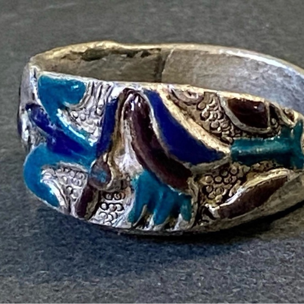 Rare Antique Chinese Asian Sterling Silver & Enamel Qing Dynasty Ring 8